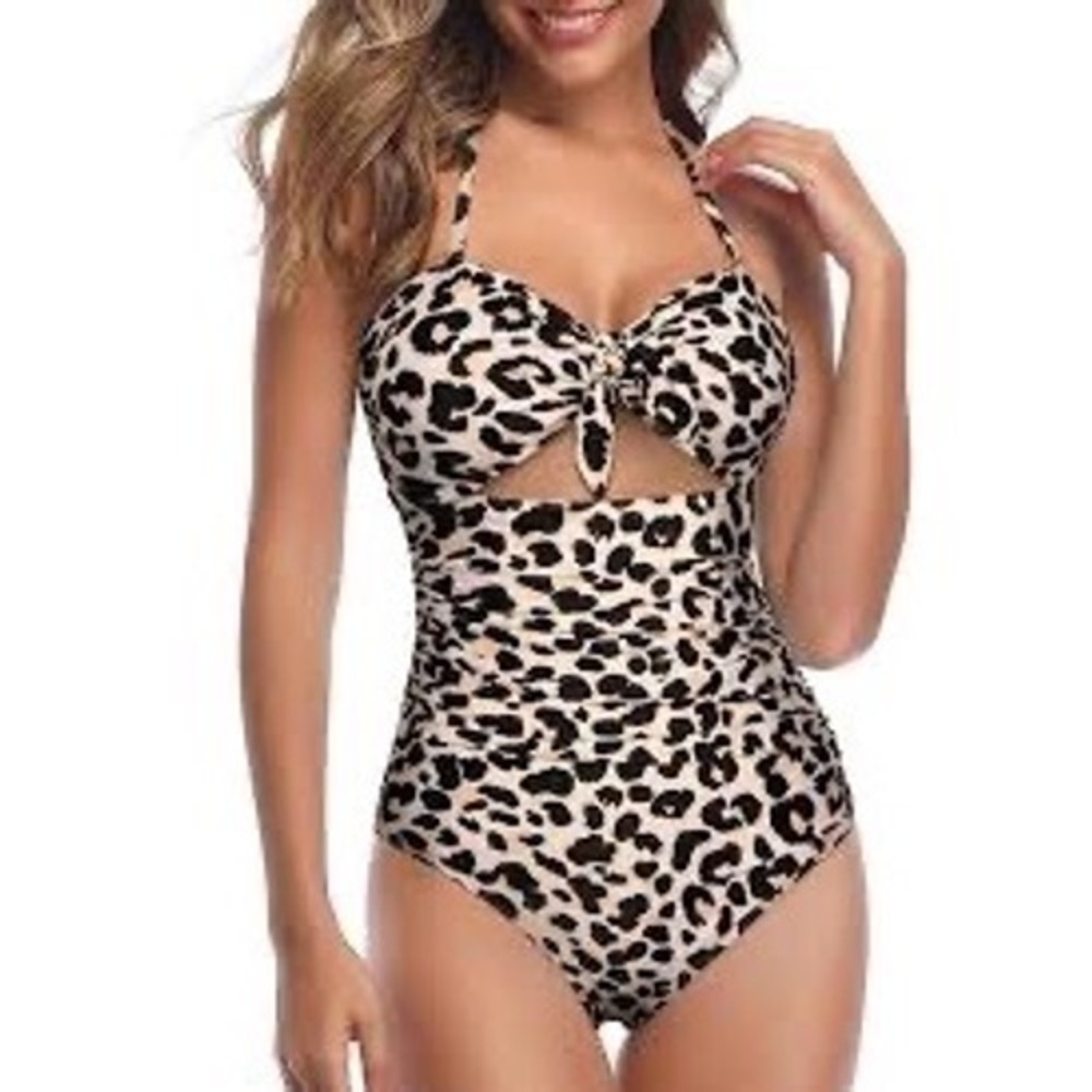 Tempt Me Women Leopard Print Cutout One Piece Swimsuit Halter Neck XL NEW
